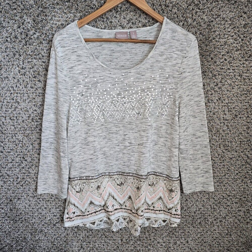 Chicos Top Womens 1 US Medium Gray Heathered‎ Scoop Neck Long Sleeve Tee Casual